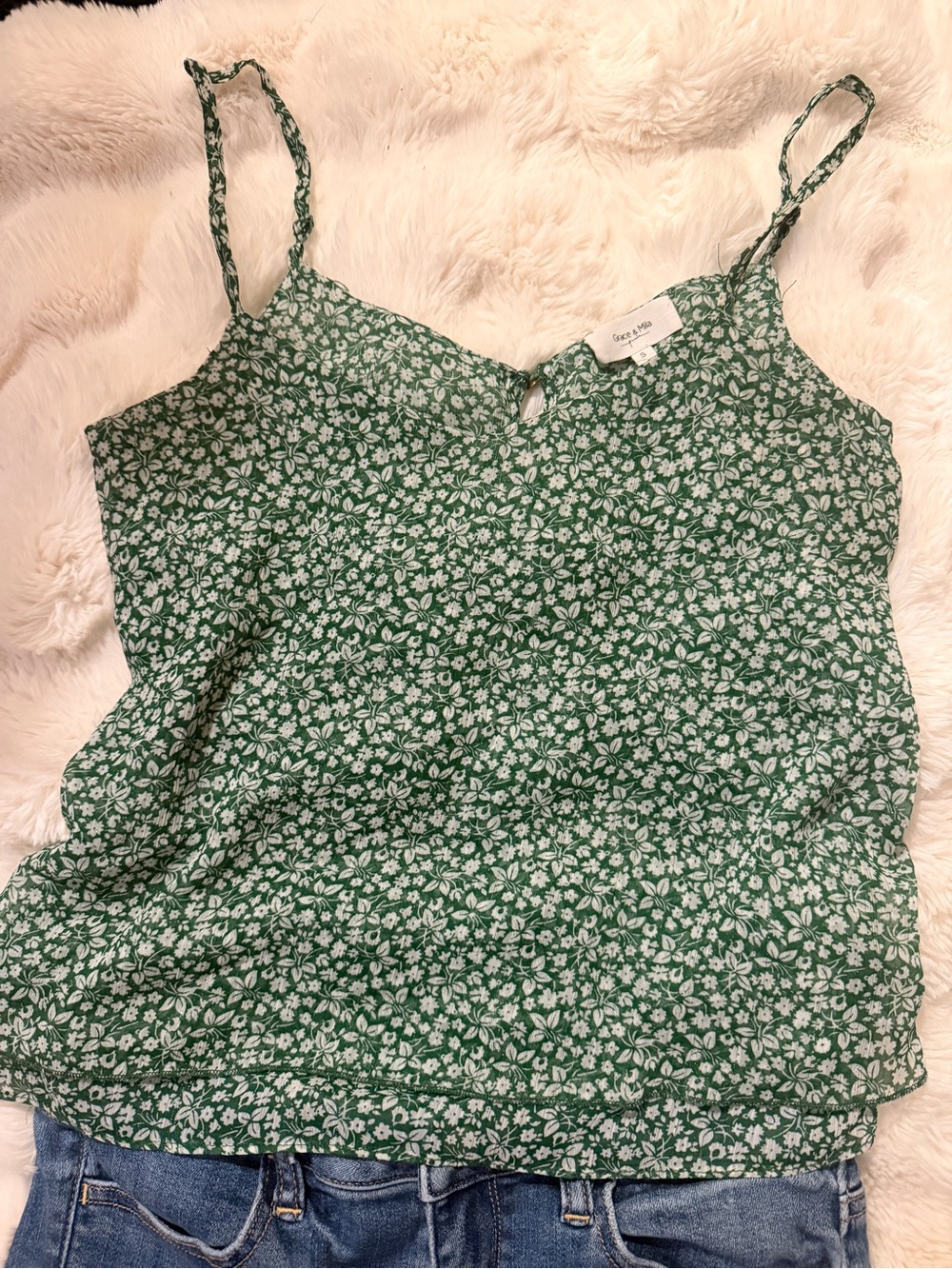 Green Floral Spaghetti Strap Tank Top - Small